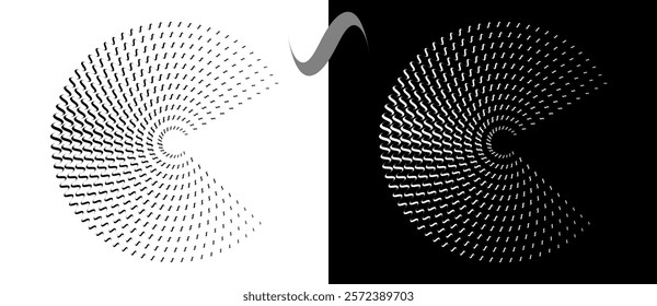 Modern abstract background. Waves in circle form. Round logo. Design element or icon. Black shape on a white background and the same white shape on the black side.