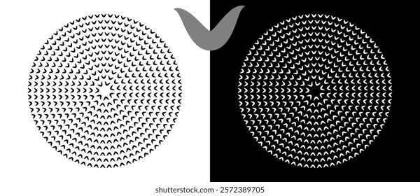 Modern abstract background. Waves in circle form. Round logo. Design element or icon. Black shape on a white background and the same white shape on the black side.