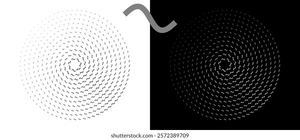 Modern abstract background. Waves in circle form. Round logo. Design element or icon. Black shape on a white background and the same white shape on the black side.