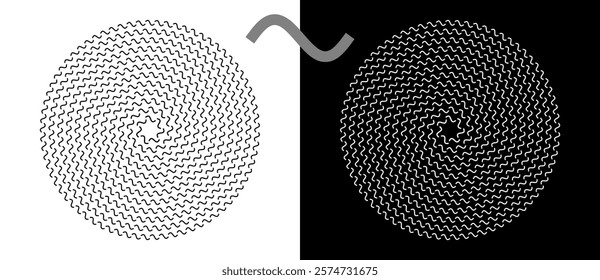 Modern abstract background. Waves in circle form. Round logo. Design element or icon. Black shape on a white background and the same white shape on the black side.