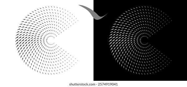 Modern abstract background. Waves in circle form. Round logo. Design element or icon. Black shape on a white background and the same white shape on the black side.