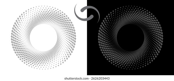 Modern abstract background. Waves in circle form. Spiral logo or icon, design element. Black shape on a white background and the same white shape on the black side.