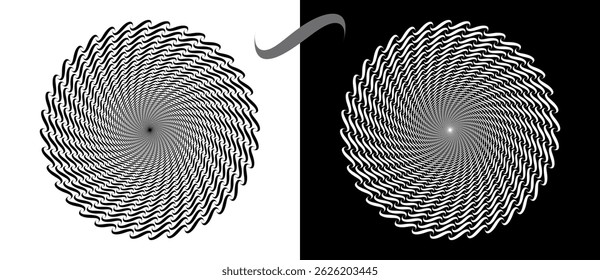 Modern abstract background. Waves in circle form. Spiral logo or icon, design element. Black shape on a white background and the same white shape on the black side.