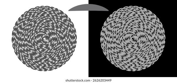 Modern abstract background. Waves in circle form. Spiral logo or icon, design element. Black shape on a white background and the same white shape on the black side.