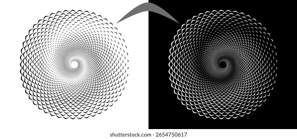 Fondo abstracto moderno. Ondas en forma de círculo. Logotipo o icono redondo, elemento de diseño. Forma negra sobre un fondo blanco y la misma forma blanca en el lado negro.