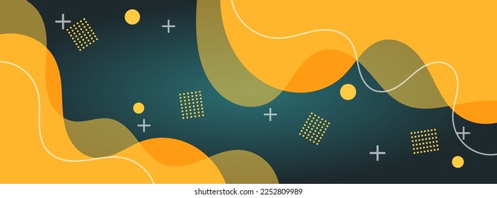 fondo abstracto moderno con forma de fluido de color amarillo y naranja sobre fondo de gradiente verde, afiche mínimo. idea para banner, web, cabecera, portada, cartel, folleto, medios sociales, página de inicio 
