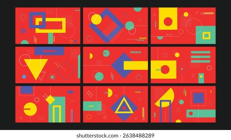 Modern abstract backgrounds featuring bold geometric shapes in vivid colors. Ideal for web design, branding, creative marketing, and digital artwork projects.