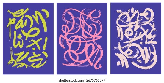 Modern abstract backgrounds set with wavy shapes and lines. Painting art print templates. Trendy posters with bold brush lines with spray texture. Expressive bold strokes texture. Street art style

