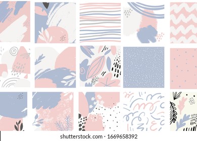 Modern abstract backgrounds set for your design. Pink and blue colors. Brush strokes