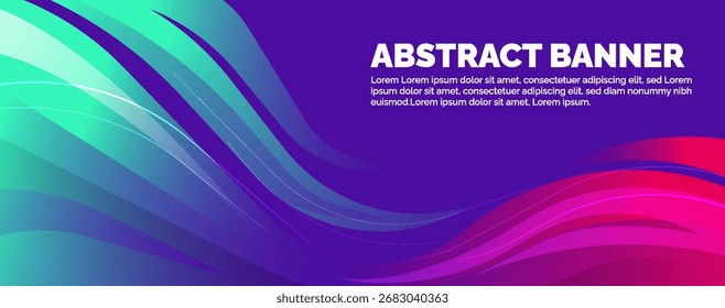 Modern abstract banner background with dynamic, fluid wave shapes and glowing curved lines. Features a vibrant gradient of cyan, purple, and magenta pink