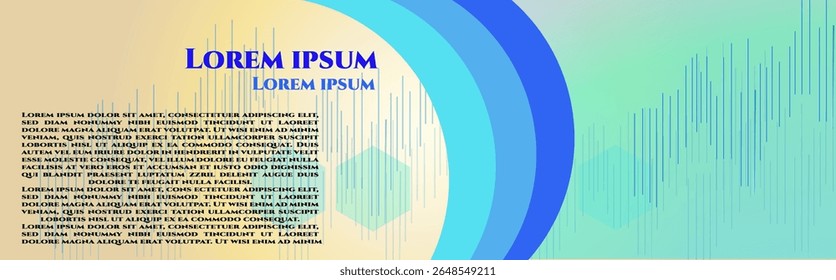 Design moderno de banner abstrato com formas curvas vibrantes em tons de azul, amarelo e bege. Inclui o texto Lorem Ipsum de espaço reservado em um layout criativo, adequado para apresentações digitais.