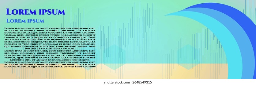 Design moderno de banner abstrato com formas curvas vibrantes em tons de azul, amarelo e bege. Inclui o texto Lorem Ipsum de espaço reservado em um layout criativo, adequado para apresentações digitais.