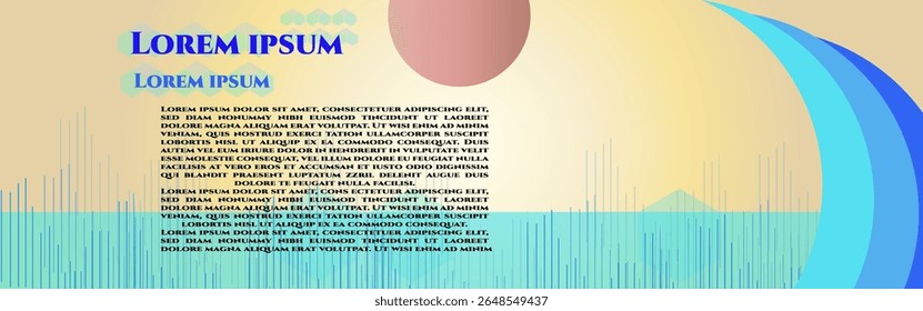 Design moderno de banner abstrato com formas curvas vibrantes em tons de azul, amarelo e bege. Inclui o texto Lorem Ipsum de espaço reservado em um layout criativo, adequado para apresentações digitais.