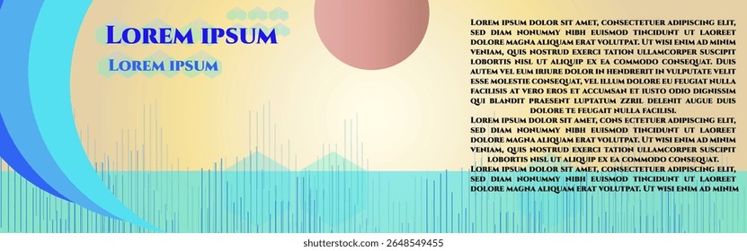 Design moderno de banner abstrato com formas curvas vibrantes em tons de azul, amarelo e bege. Inclui o texto Lorem Ipsum de espaço reservado em um layout criativo, adequado para apresentações digitais.