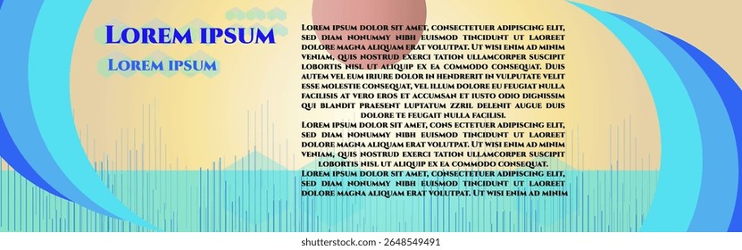 Design moderno de banner abstrato com formas curvas vibrantes em tons de azul, amarelo e bege. Inclui o texto Lorem Ipsum de espaço reservado em um layout criativo, adequado para apresentações digitais.