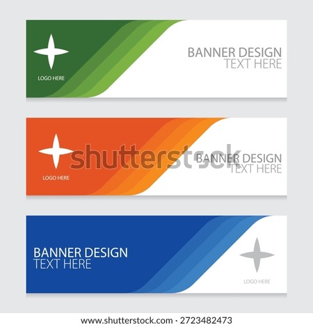 A modern abstract banner design set with green, orange, and blue color variations, clean curves, and space for text and logo, suitable for corporate and marketing use.