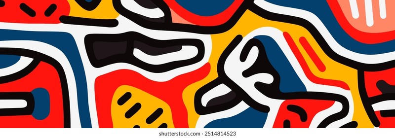 Modern abstract banner featuring colorful wavy liquid shapes with fluidity, doodle designs in primitive style, perfect for contemporary artistic backgrounds and creative projects. Eps