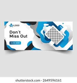 Modern abstract banner with flowing blue and gray shapes, featuring "Don't Miss Out" text and a product image placeholder.