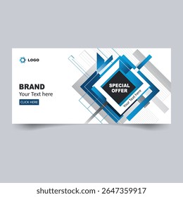 Modern abstract banner with geometric blue shapes and text "SPECIAL OFFER," ideal for business and promotional use.
