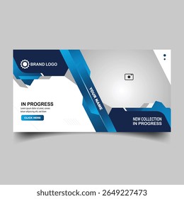 Modern abstract banner with geometric blue shapes and "IN PROGRESS" text, featuring a placeholder for an image or video.