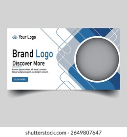 Modern abstract banner with geometric blue and gray shapes, featuring "Discover More" text and an image placeholder.