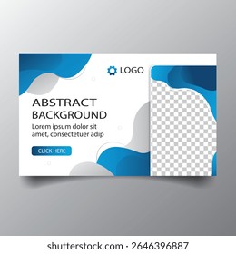 Modern abstract banner template with flowing blue shapes and a placeholder for an image, ideal for business and online promotion.