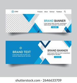 Modern abstract banner templates with geometric blue shapes and placeholders for logo and text, ideal for website headers.