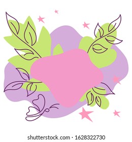 Modern abstract banner. Vector bright pink and purple background. Surrounded by spring twigs with leaves and butterflies. Template for web or print design.