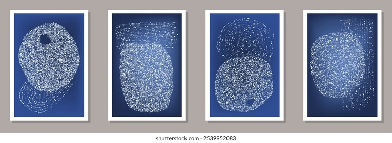 Bandeiras modernas e abstratas com quatro desenhos minimalistas em série, cada um com uma forma circular ou arredondada composta por pequenos pontos brancos sobre um fundo azul profundo. Composição cósmica do inverno festivo