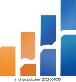 Logotipo de gráfico de barras abstrato moderno que representa o crescimento dos negócios, o sucesso financeiro e a análise de dados. O design apresenta formas verticais ascendentes com bordas suaves e combinações de cores gradientes de azul e laranja, simbolizando progresso, estabilidade, confiança e inovação. Este logotipo é ideal para empresas financeiras, empresas de investimento, plataformas de mercado de ações, startups, marcas corporativas, consultoria de negócios, análises e projetos relacionados à tecnologia. Estilo de vetor limpo e mínimo garante alta escalabilidade e versatilidade para uso em logotipos, apresentações, sites, aplicativos móveis, infográficos e materiais de marketing. Design vetorial totalmente editável que mantém a clareza e a qualidade em qualquer tamanho.