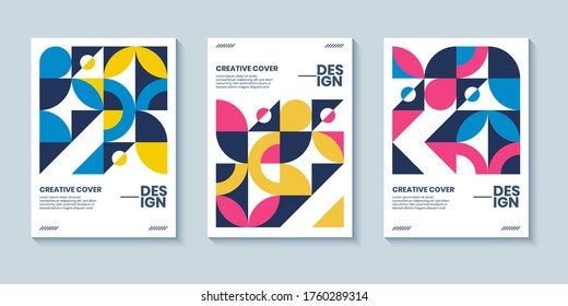 Modern Abstract Bauhaus Colorful Covers Set, Minimal Geometric Swiss Pattern Background. Basic Shape Composition For Poster, Cover, Card