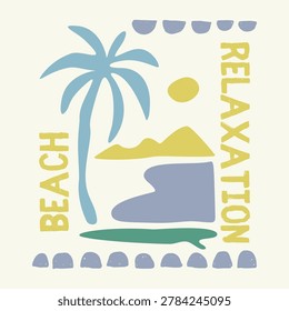 Modern Abstract Beach Relaxation Poster, Minimalist Summer Landscape with Palm Tree and Ocean Waves, Matisse Style Cut-out Shapes Art, Aesthetic Tropical Vector Illustration for T-Shirt or Decor.