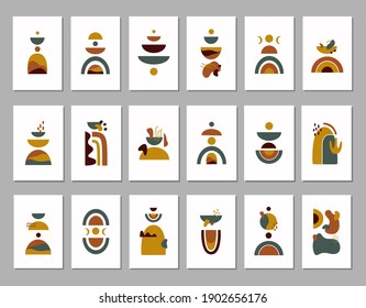 Modern abstract big set aesthetic backgrounds with colorful shapes on white background. Wall decor in boho style. Organic vector print with hand drawn doodles	
