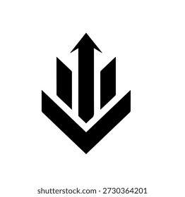 Modern abstract black arrow and pillars logo, representing direction, strength, and forward progress on white.