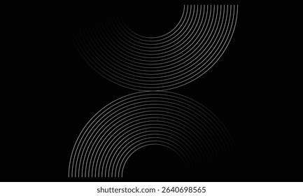 Modern abstract black background featuring concentric semi-circles forming an hourglass shape. Minimalist geometric design ideal for wallpapers, branding, tech themes, or graphic art projects.