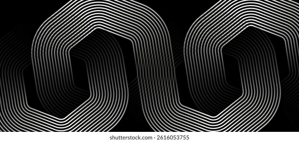 Modern abstract black background with glowing geometric lines. white gradient hexagon shape design. Futuristic technology concept.