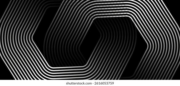 Modern abstract black background with glowing geometric lines. white gradient hexagon shape design. Futuristic technology concept.