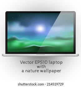 Modern abstract black and silver laptop with a blurred nature background vector illustration