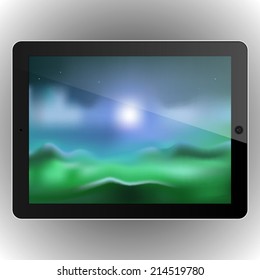 Modern abstract black tablet with a blurred nature background vector illustration