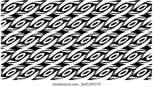 Modern abstract black and white motif with swirling eye-like shapes, suitable for contemporary design needs.