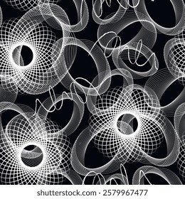 Modern abstract black and white seamless pattern with intricate geometric spirals, oval, fractals and wavy doodle lines. Vector futuristic , optical illusion style repeat background. Endless texture.