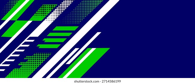 Fondo azul abstracto moderno con Formas diagonales dinámicas en verde y blanco, patrones de puntos semitonos y líneas geométricas futuristas. para temas de tecnología, Anuncios deportivos, encabezados de Web, presentaciones.