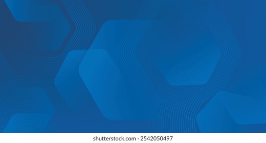 Fundo azul abstrato moderno com linhas geométricas brilhantes. Design de forma de hexágono de gradiente azul. Conceito de tecnologia futurista. Terno para banner, brochura, ciência, site, corporativo, cartaz, capa