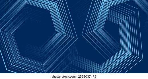 Fondo azul abstracto moderno con líneas geométricas brillantes. Diseño de forma hexagonal degradado azul. Concepto de tecnología futurista. Traje para el Anuncio, folleto, ciencia, Sitio web, corporativo, cartel, 