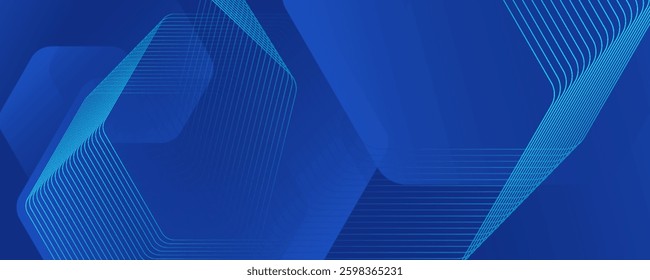 Modern abstract blue background with glowing geometric lines. Blue gradient hexagon shape design. Futuristic technology concept.