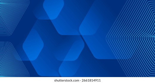 Modern abstract blue background with glowing geometric lines. Blue gradient hexagon shape design. Futuristic technology concept.