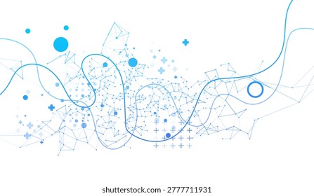 Modern abstract blue background with interconnected dots, flowing lines, circles, and plus signs representing data, network, healthcare, and digital technology concepts.