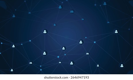 Modern abstract blue network background featuring connected user icons and glowing lines, ideal for technology, communication, digital business, and social media designs.