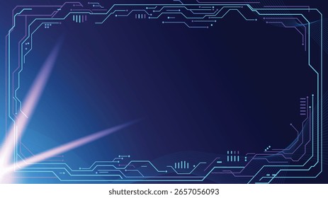 Modern abstract blue and purple background with a geometric tech frame and light rays on the left.