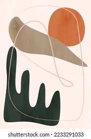 Modern abstract boho poster.  Earth tones organic shapes. Contemporary design for poster, banner,greeting card, flyer, social media post, story. Minimalist mid century style vector Illustration. 